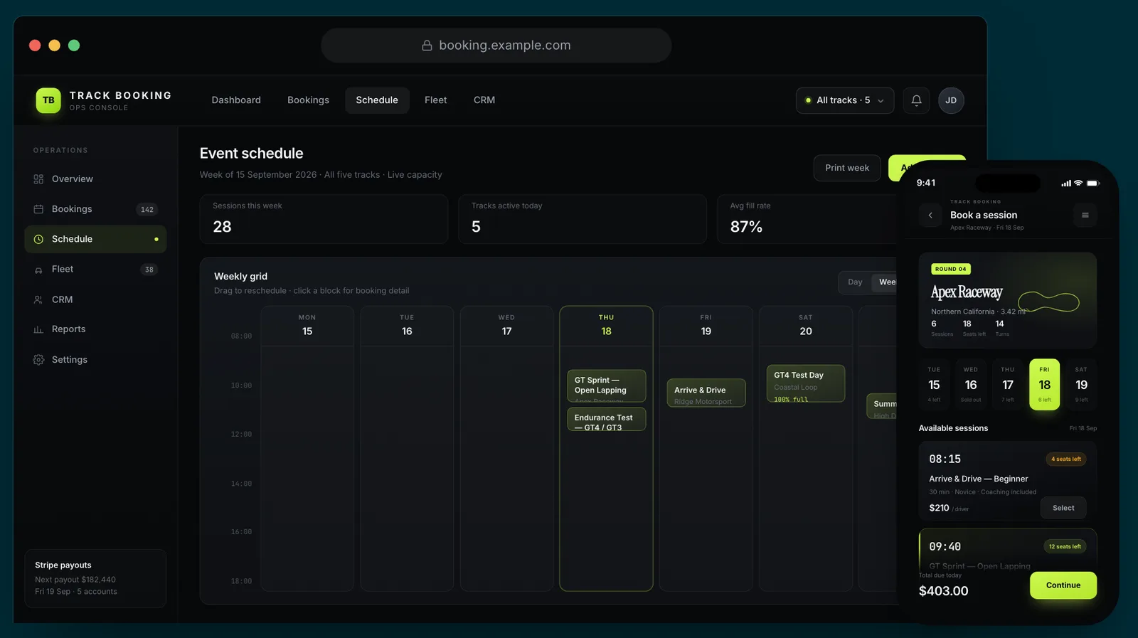 Operator schedule view beside the customer booking flow on a phone, showing a session total and a Continue button.
