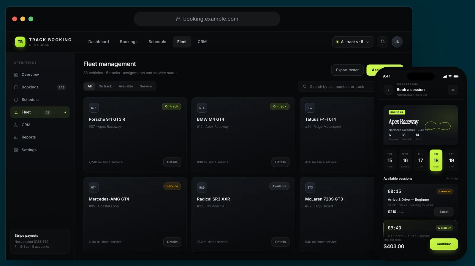 Operator console fleet view listing vehicles across venues, beside the customer booking flow on a phone.